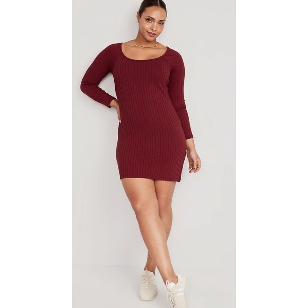 NWT Old Navy Rib-Knit‎ Fitted Dress XXL Tall Wine Country Long Sleeve Pullover